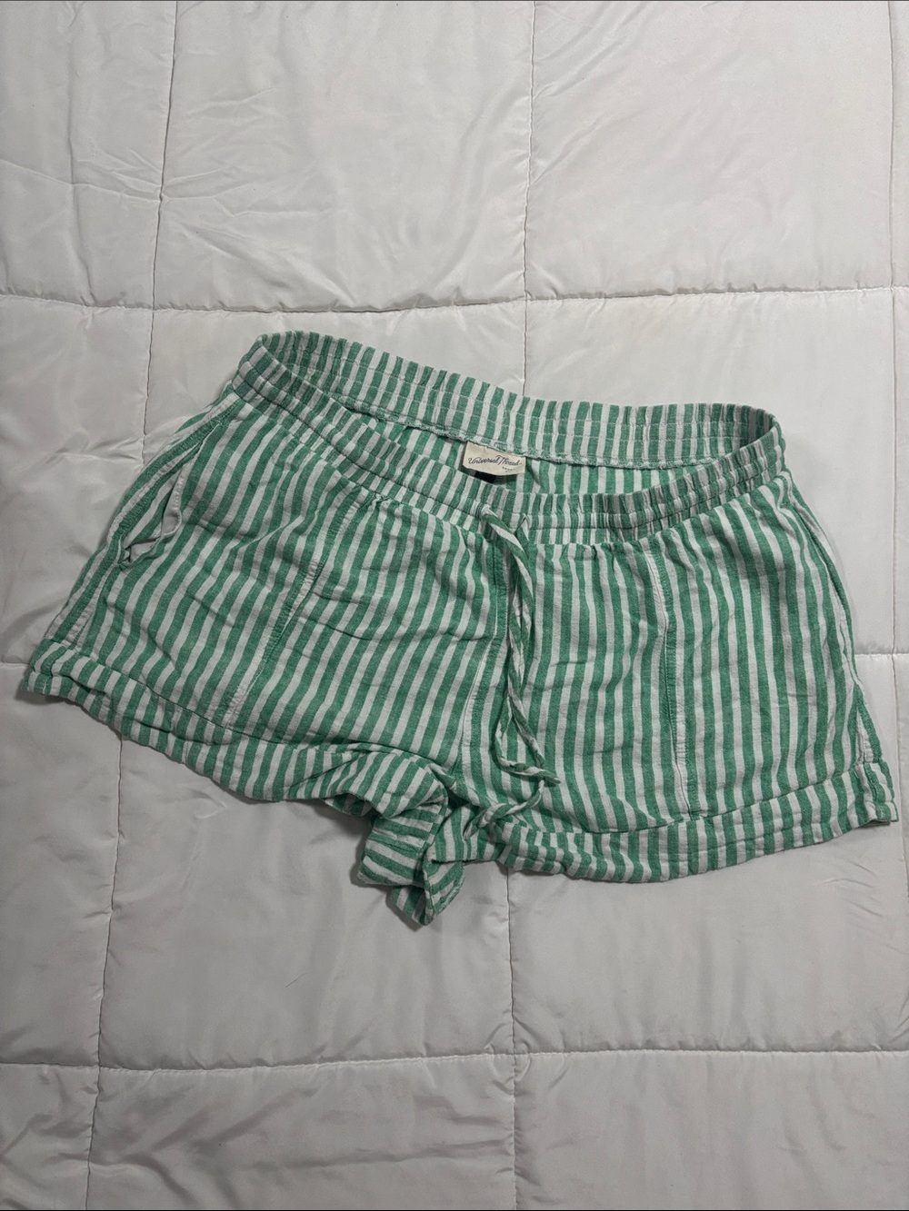 Green & White Striped Cotton Lounge Linen Shorts Size XL Beach Cover Up